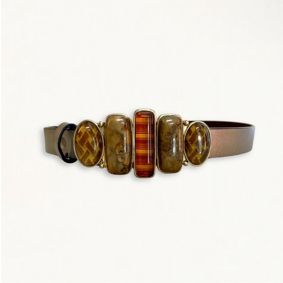 Vintage Chico’s Genuine Split Leather Belt + Gold Tone Stone Embellished Buckle - Picture 5 of 14